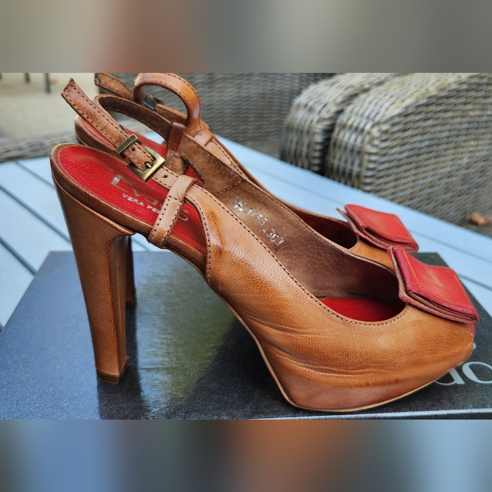 EVADO brown and red leather open toe high heels platform sandals 38 - Picture 8 of 12
